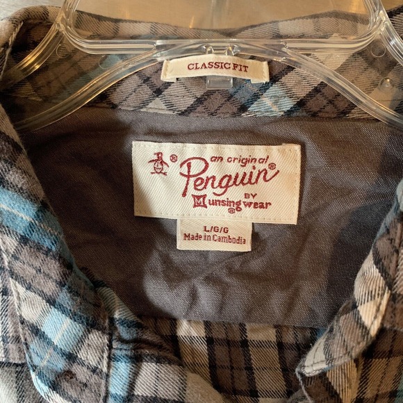 Penguin Classic Fit Blue Black Gray Madras Plaid Flannel Button‎ Shirt Mens Lg - Picture 5 of 9